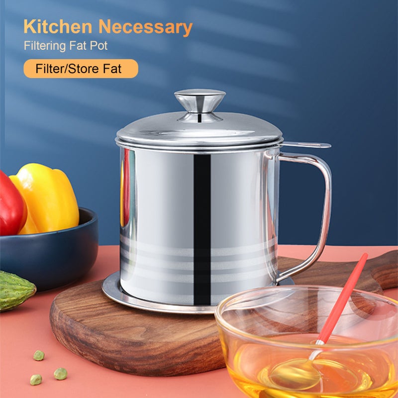 Fat Separator 1.8L Stainless Steel Polished Non-Corrosive Heat-Resistant Oil Filter Pot - Fine Mesh Strainer Leak-Proof Pour Spout Comfortable Handle for Home Kitchen Cooking & Liquid Seasoning Storag - Image 3