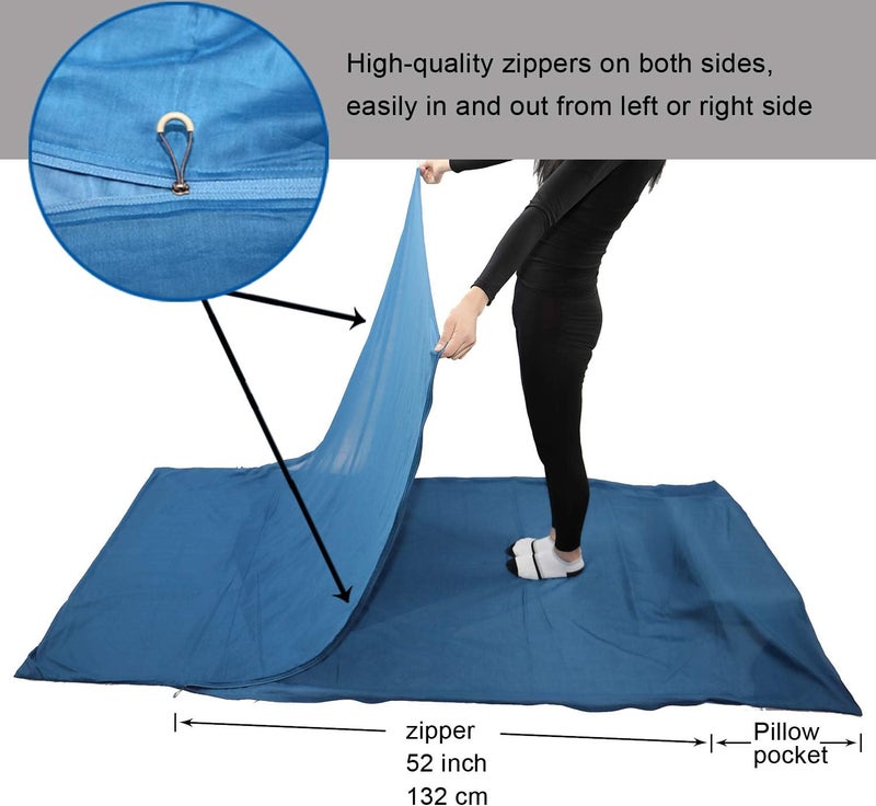 BROWINT Silk/Cotton Travel Sheet with Double Zippers, 87"x43" Extra Wide Sleep Sack for Hotels, Lightweight Sleeping Bag Liner for Camping, Traveler Rectangular with Pillow Pocket … - Image 2