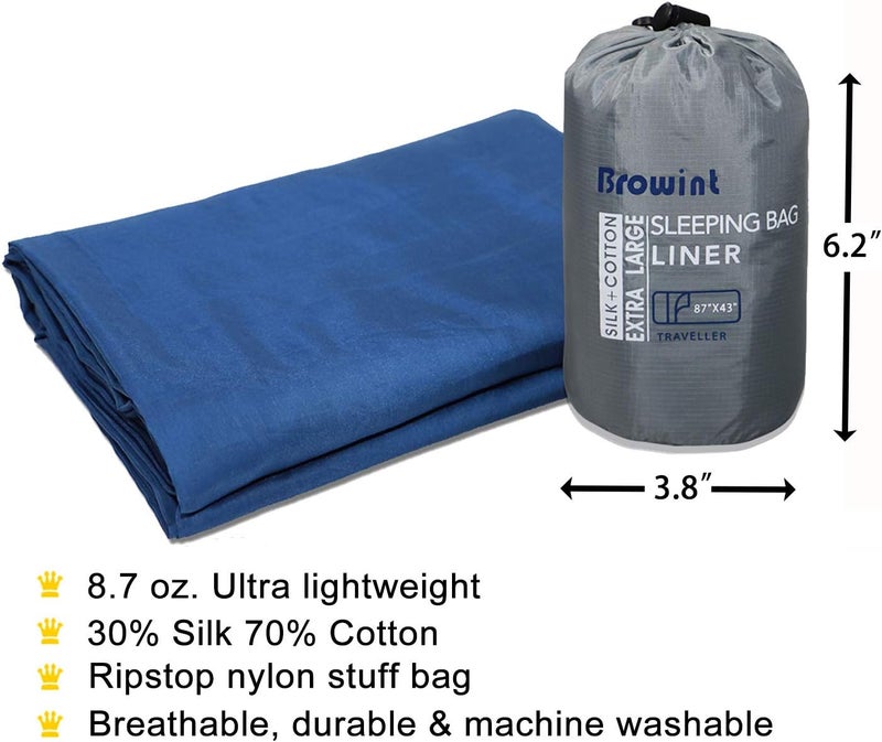 BROWINT Silk/Cotton Travel Sheet with Double Zippers, 87"x43" Extra Wide Sleep Sack for Hotels, Lightweight Sleeping Bag Liner for Camping, Traveler Rectangular with Pillow Pocket … - Image 5