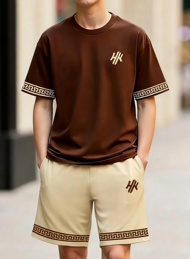 Take Two Coffee Brown Men Printed Trim T-Shirt and Shorts Co-Ords for Men | Best Price UAE