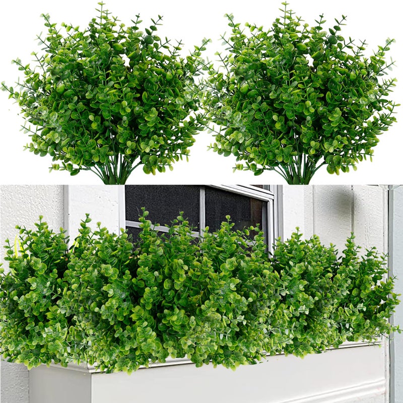 Sggvecsy Artificial Flowers for Outdoors 12 Bundles UV Resistant Boxwood Shrubs Artificial Eucalyptus Fake Plants Faux Plastic Greenery for Farmhouse Garden Indoor Outdoor Home Wedding Decoration - Image 1