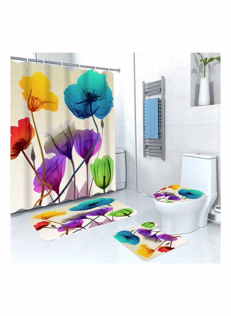 4-Pieces/Set Bathroom Household Supplies,Big Flowers Pattern Bathroom Suit,Shower Curtain/Pedestal Rug/Toilet Lid Cover/Bath Mat Decor Set - Image 1