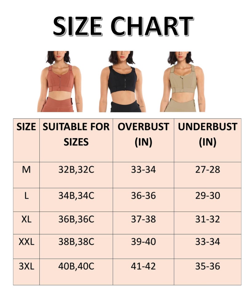 PLUMBURY Polyester Women's Padded Front Zip Plus Size Full Coverage High Support Velcro Adjustable Sports Bra for Workout Gym, Size L, Brown, Large - Image 3
