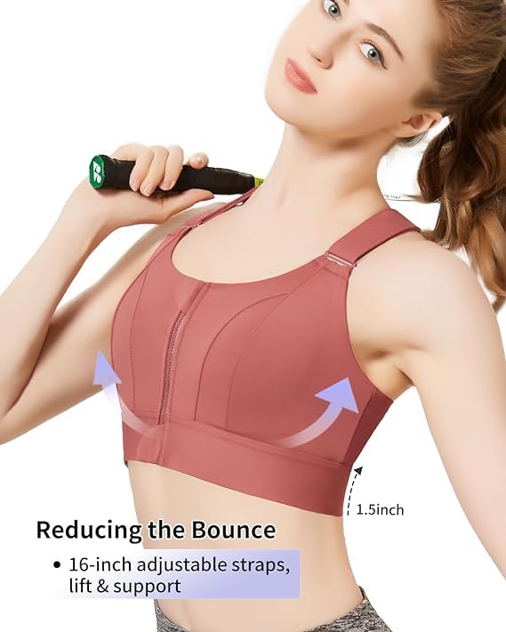 PLUMBURY Polyester Women's Padded Front Zip Plus Size Full Coverage High Support Velcro Adjustable Sports Bra for Workout Gym, Size L, Brown, Large - Image 5