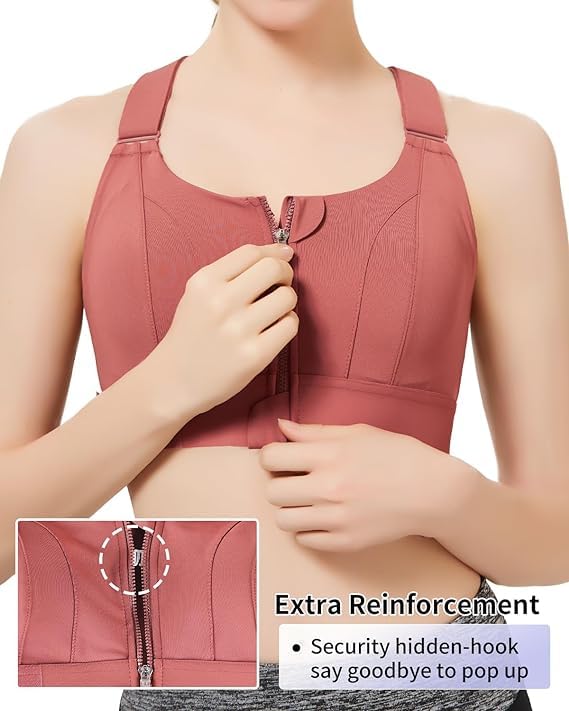 PLUMBURY Polyester Women's Padded Front Zip Plus Size Full Coverage High Support Velcro Adjustable Sports Bra for Workout Gym, Size L, Brown, Large - Image 4