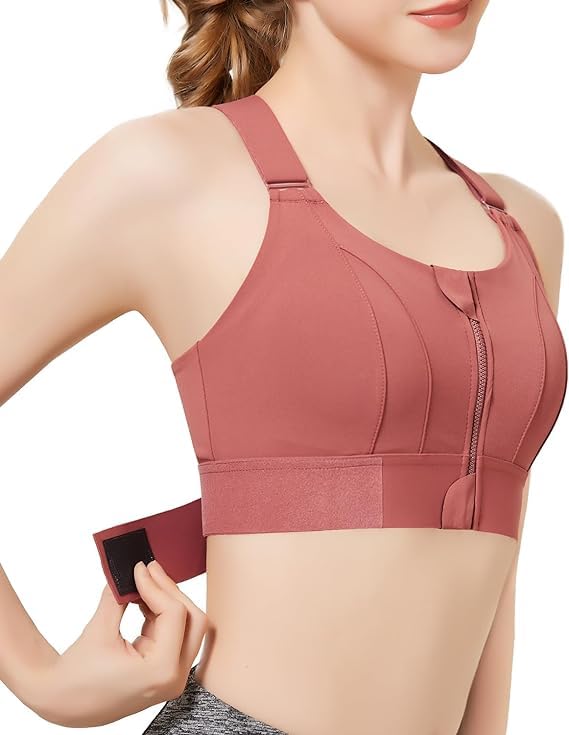 PLUMBURY Polyester Women's Padded Front Zip Plus Size Full Coverage High Support Velcro Adjustable Sports Bra for Workout Gym, Size L, Brown, Large - Image 1