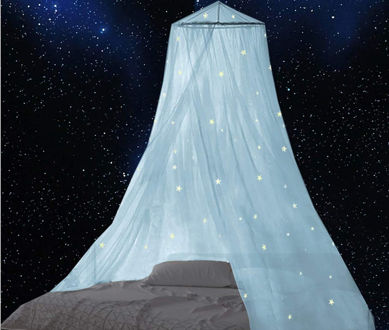 BCBYou Baby Canopy Mosquito Net with Fluorescent Stars, Glow in Dark for Kids, Adults & Full Size Bed (Light Blue) - Image 1