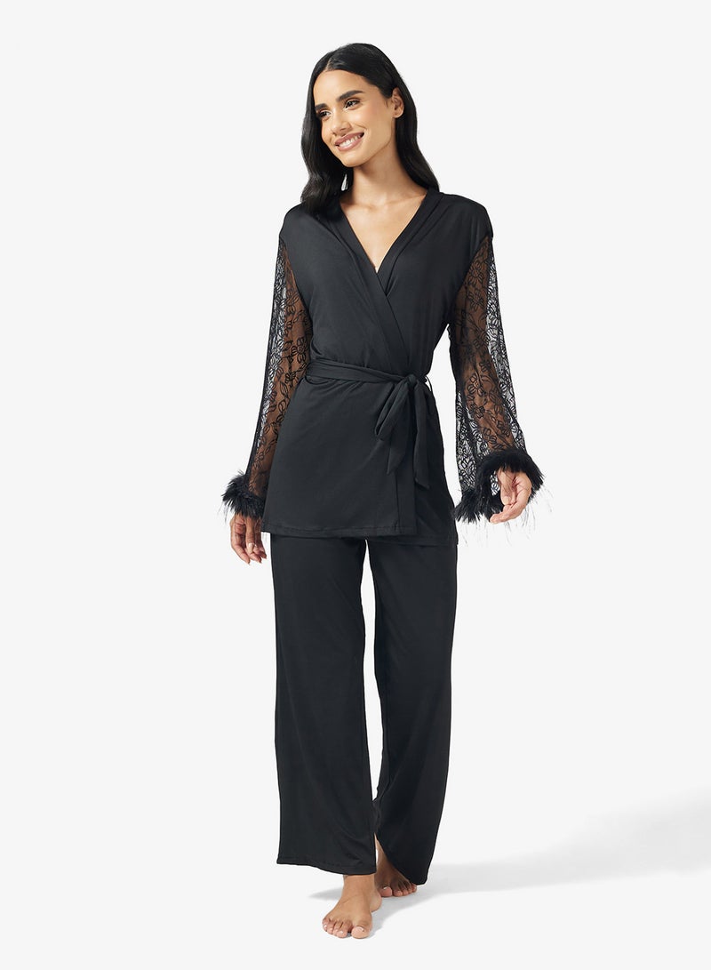 Ginger Lace Detail Wrap Around Robe & Pyjama Set - Image 1