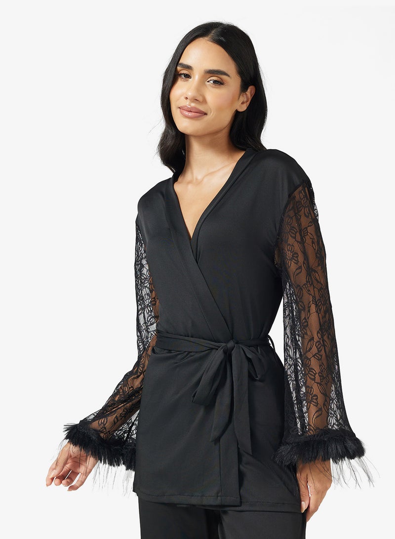 Ginger Lace Detail Wrap Around Robe & Pyjama Set - Image 3