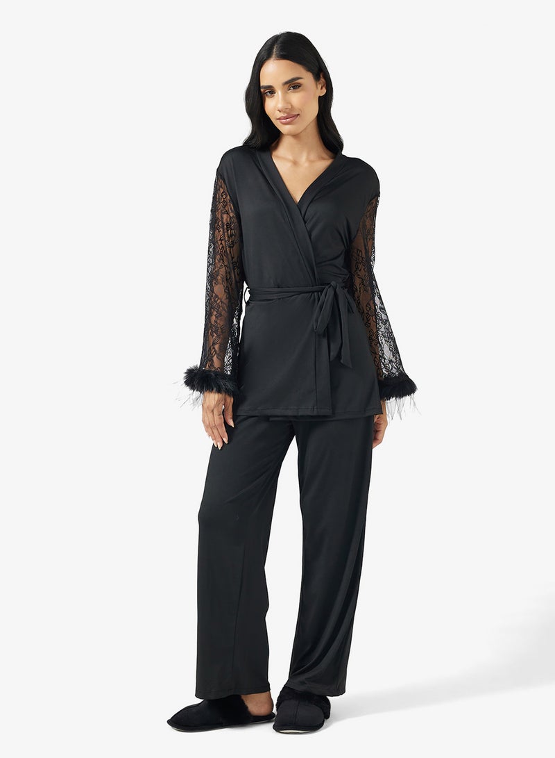 Ginger Lace Detail Wrap Around Robe & Pyjama Set - Image 5
