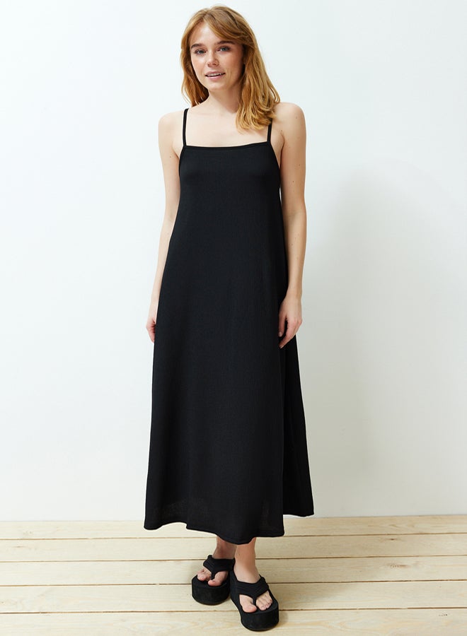 trendyol Black Adjustable Straps A-Line Crepe/Textured Knit Maxi Dress - Image 2