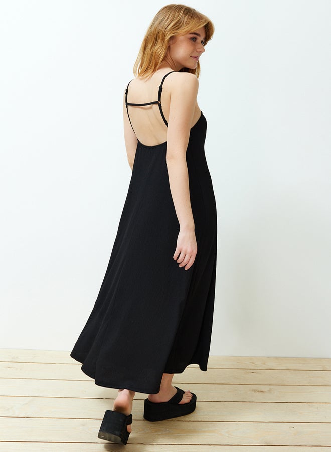 trendyol Black Adjustable Straps A-Line Crepe/Textured Knit Maxi Dress - Image 1