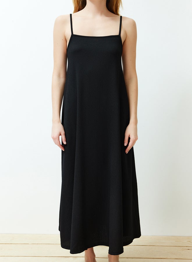 trendyol Black Adjustable Straps A-Line Crepe/Textured Knit Maxi Dress - Image 4