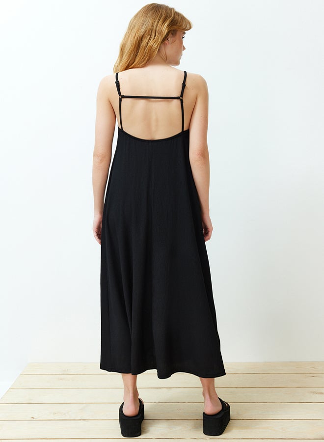 trendyol Black Adjustable Straps A-Line Crepe/Textured Knit Maxi Dress - Image 5