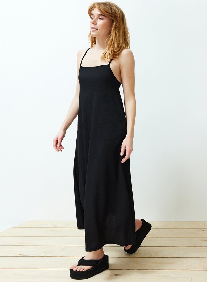 trendyol Black Adjustable Straps A-Line Crepe/Textured Knit Maxi Dress - Image 3