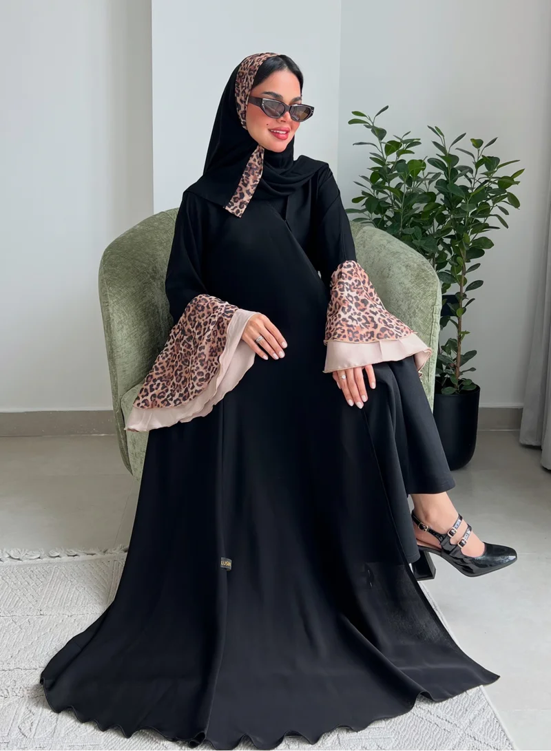 Lusin Abaya Black Internet Fabric Abaya with French Tiger-Print and Beige Sleeves