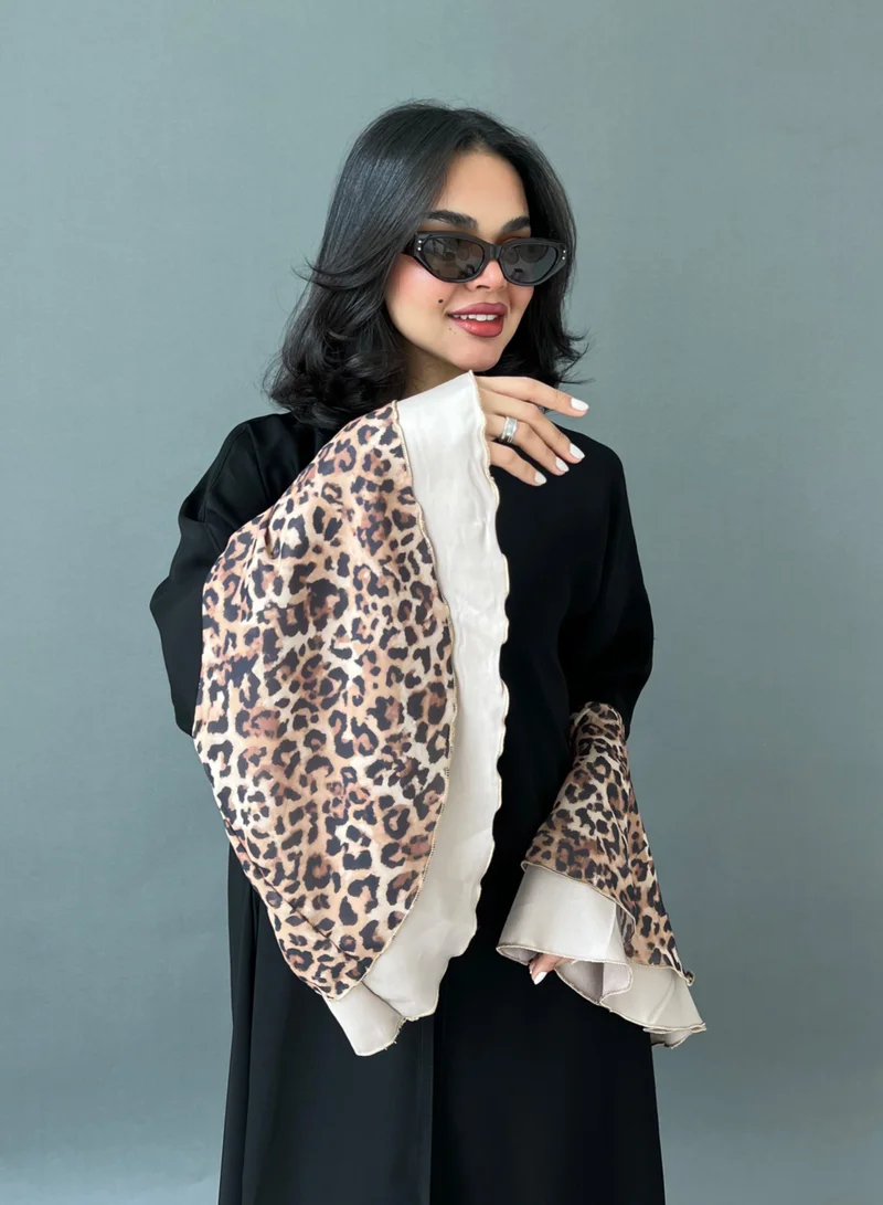 Lusin Abaya Black Internet Fabric Abaya with French Tiger-Print and Beige Sleeves