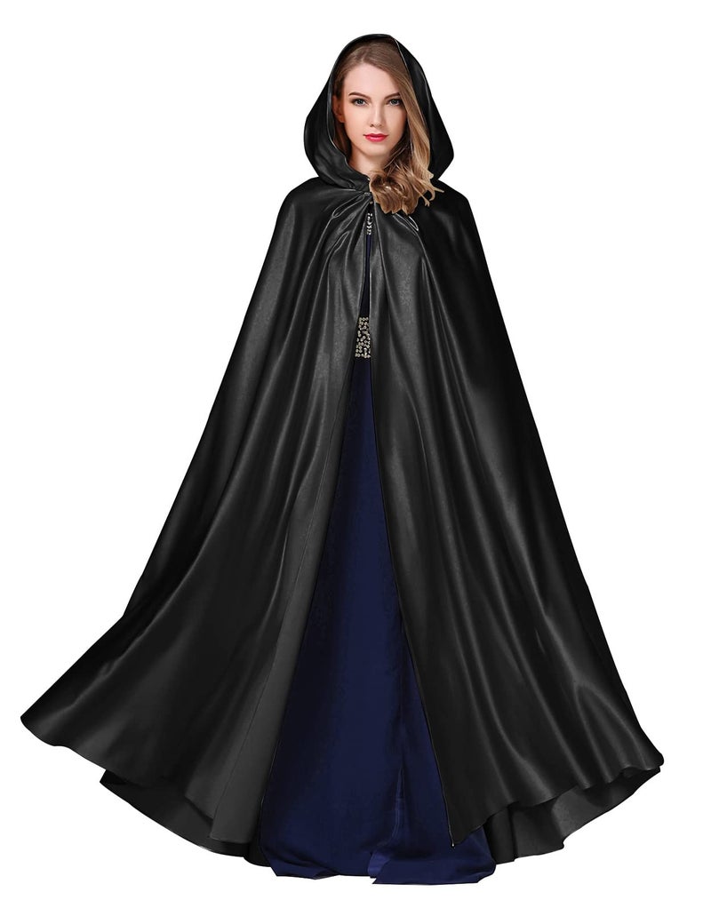 BEAUTELICATE Women's Wedding Hooded Cape Bridal Cloak Poncho Full Length Black - Image 1