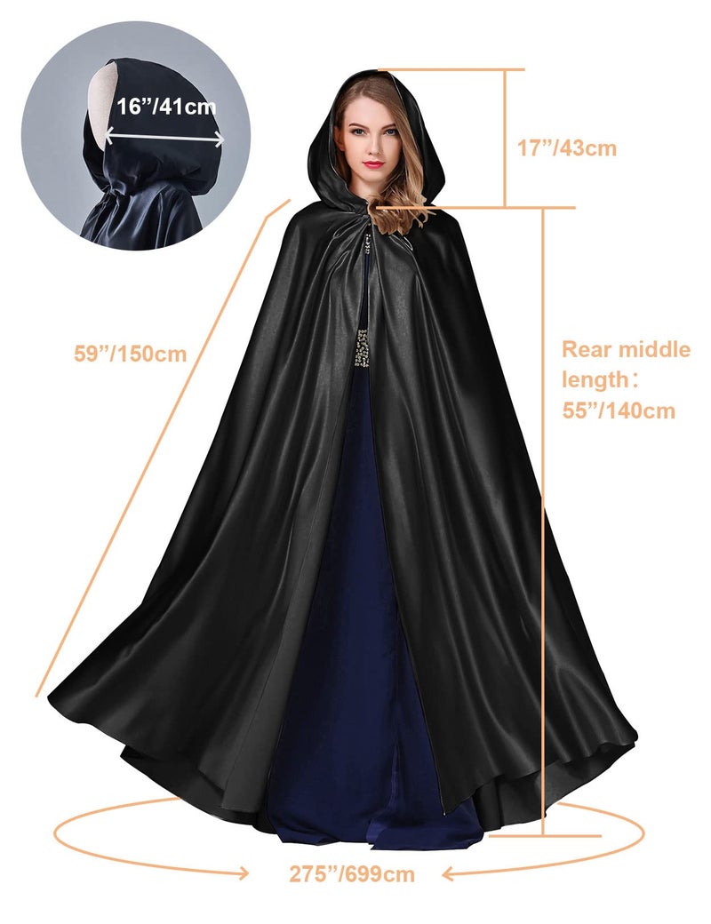 BEAUTELICATE Women's Wedding Hooded Cape Bridal Cloak Poncho Full Length Black - Image 5