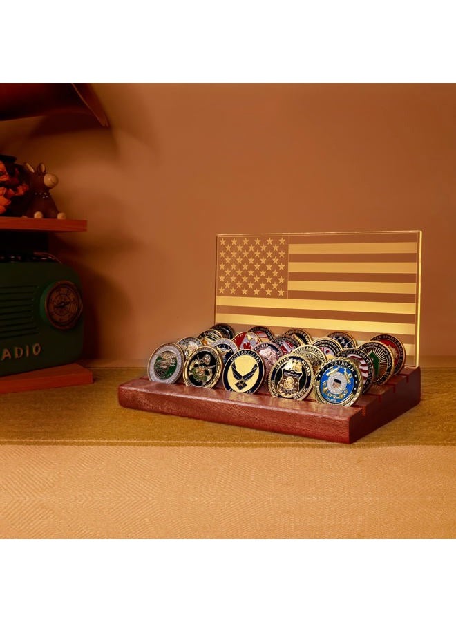 Lampeez Challenge Coin Display & Holder - American Flag Military Coin Display Case with Warm White Light, 4 Row Wooden Stand Rack, Gift for Army, Military, Him, Father - Image 1