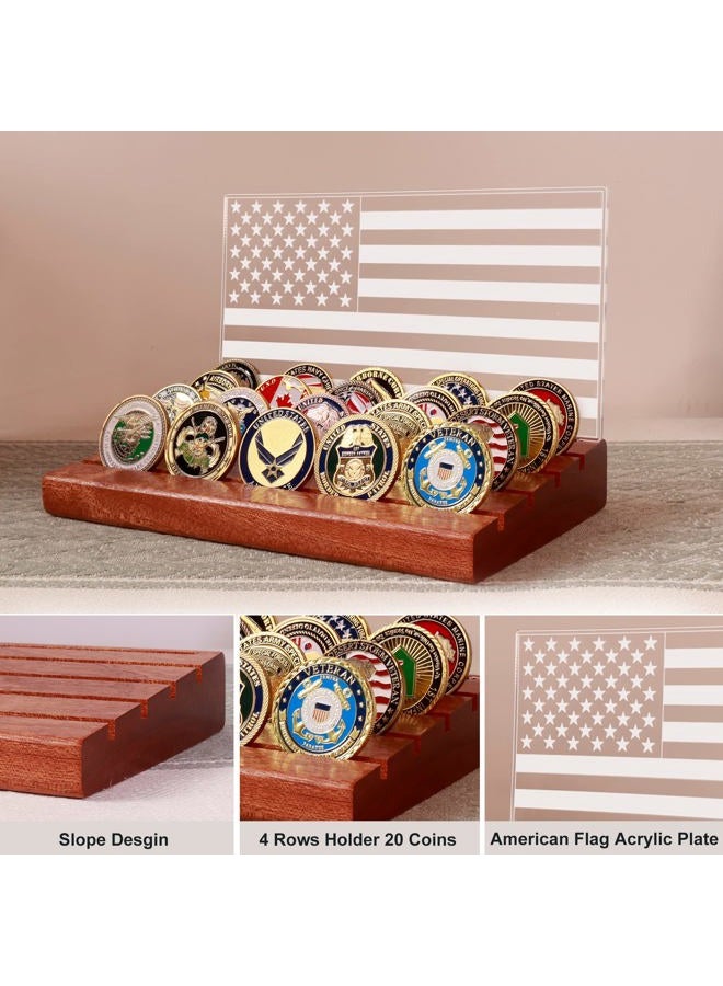 Lampeez Challenge Coin Display & Holder - American Flag Military Coin Display Case with Warm White Light, 4 Row Wooden Stand Rack, Gift for Army, Military, Him, Father - Image 3