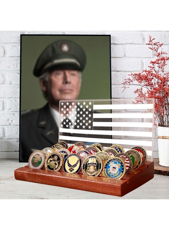 Lampeez Challenge Coin Display & Holder - American Flag Military Coin Display Case with Warm White Light, 4 Row Wooden Stand Rack, Gift for Army, Military, Him, Father - Image 5