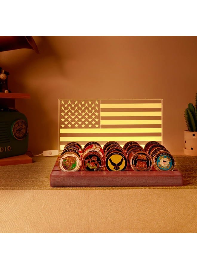 Lampeez Challenge Coin Display & Holder - American Flag Military Coin Display Case with Warm White Light, 4 Row Wooden Stand Rack, Gift for Army, Military, Him, Father - Image 2