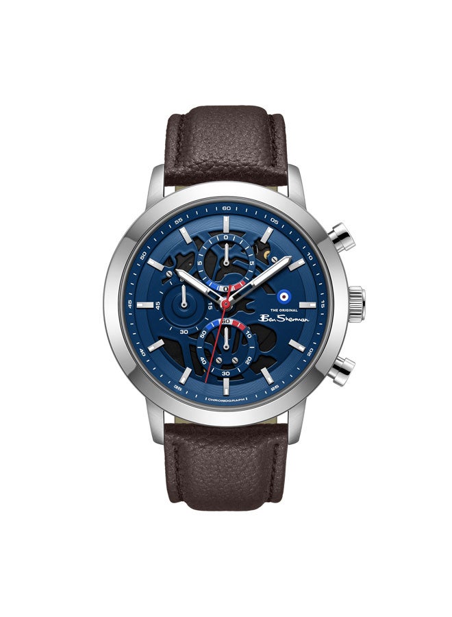 Ben Sherman Nottingham Blue Dial Brown Genuine Leather Strap Chronograph Watch for Men, 44mm - Image 1