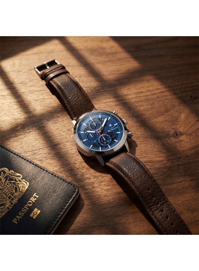 Ben Sherman Nottingham Blue Dial Brown Genuine Leather Strap Chronograph Watch for Men, 44mm - Image 4