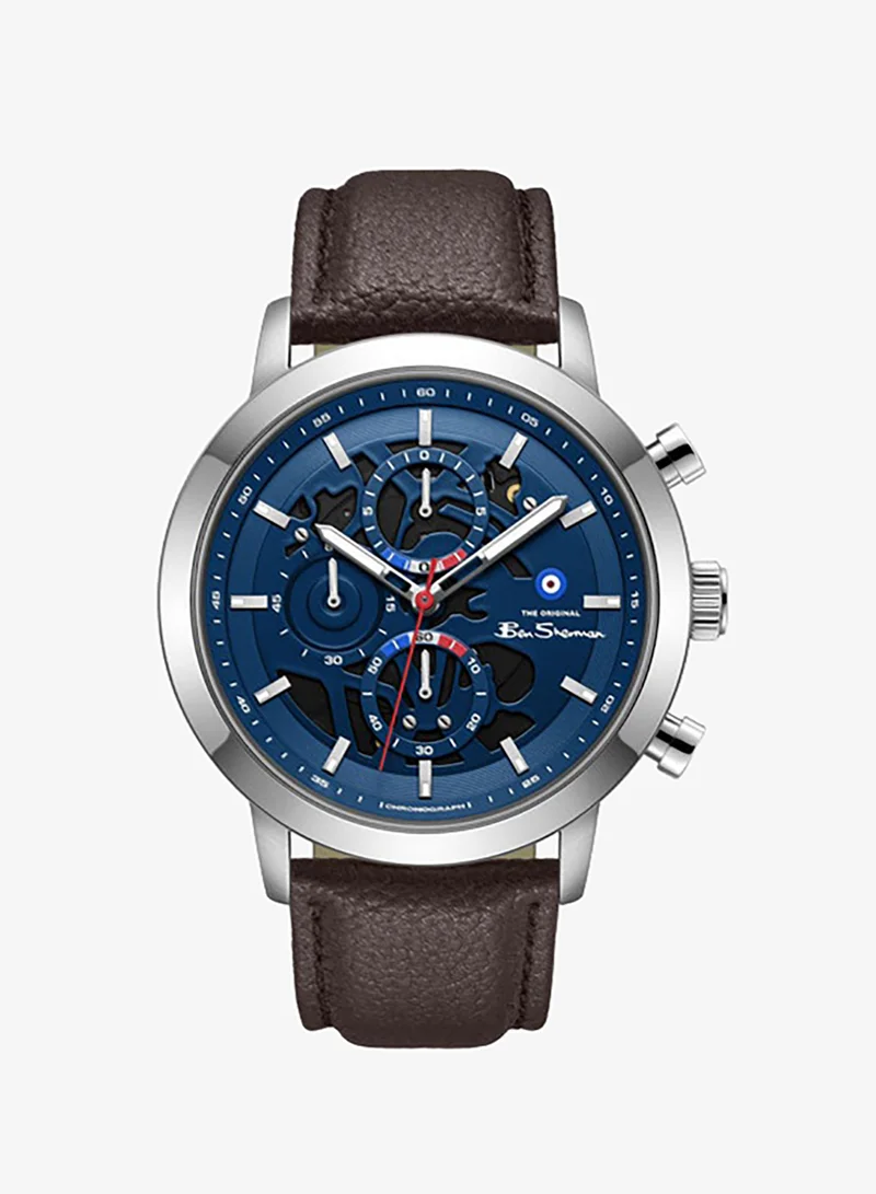Ben Sherman Nottingham Blue Dial Brown Genuine Leather Strap Chronograph Watch for Men, 44mm