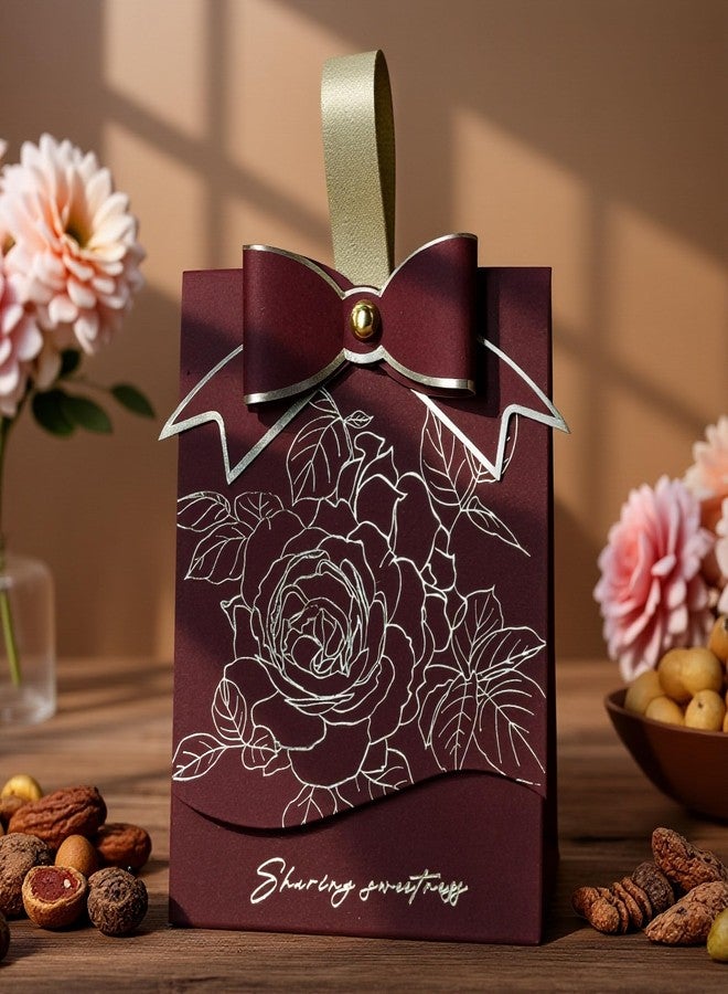 Rodvanvo 30 PCS Elegant Candy Gift Box Rose Pattern Bow Portable Candy Box Holiday Party Gift Box Bonbonniere (Burgundy) - Image 2