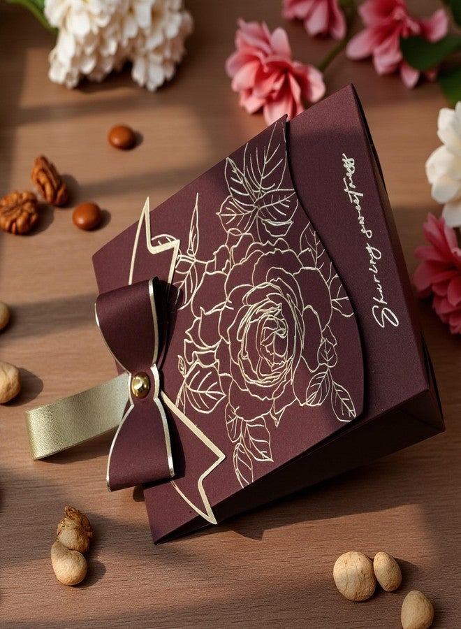 Rodvanvo 30 PCS Elegant Candy Gift Box Rose Pattern Bow Portable Candy Box Holiday Party Gift Box Bonbonniere (Burgundy) - Image 3