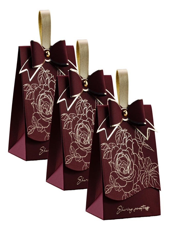 Rodvanvo 30 PCS Elegant Candy Gift Box Rose Pattern Bow Portable Candy Box Holiday Party Gift Box Bonbonniere (Burgundy) - Image 1
