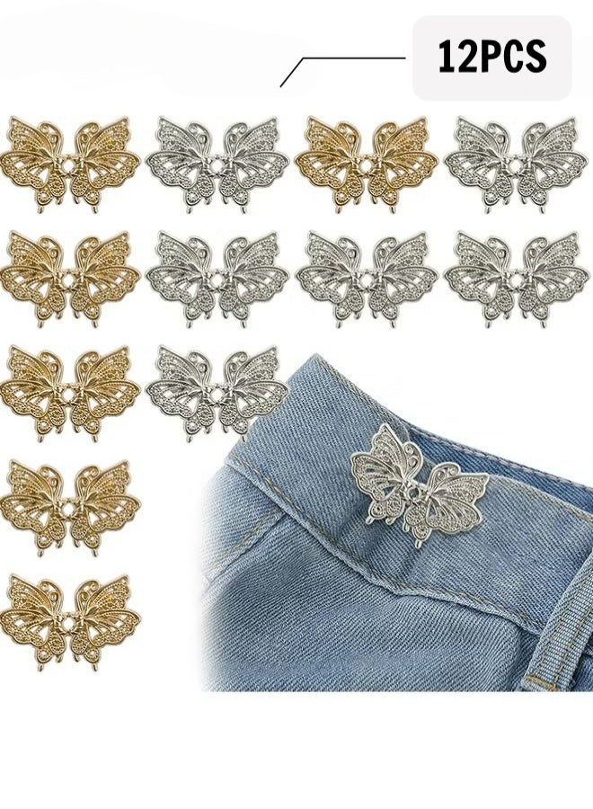 Adjustable Jeans Butterfly Buttons, 12 Pairs Butterfly Pants Button Jean Buttons, No Sewing Detachable, Waist Body Fit Tighten Buckles, Nail-Free Tightener Pant Button Waist, gold and silver  - Image 1