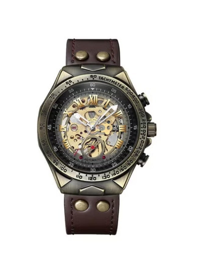 BINBOND Vintage Men's Fashion Watch, Antique Brass Automatic Mechanical Wristwatch with High Hardness Coated Glass and Leather Strap - Image 1
