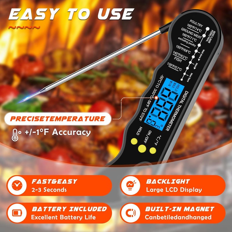 TRAUSI Instant Read Meat Thermometer, Fast & Accurate Digital Food Thermometer with Backlight, Waterproof & Magnet for Grilling, Cooking, BBQ, Baking, Smoker, and Candy Making Black - Image 4