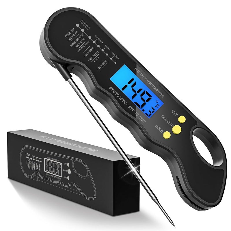 TRAUSI Instant Read Meat Thermometer, Fast & Accurate Digital Food Thermometer with Backlight, Waterproof & Magnet for Grilling, Cooking, BBQ, Baking, Smoker, and Candy Making Black - Image 1