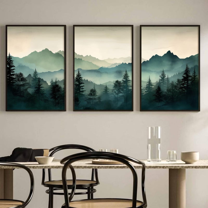 Joocrise Mountain Wall Art Decor Set of 3 Sage Green Forest Canvas Wall Art Prints Nature Landscape Wall Decor Watercolor Pine Tree Pictures Abstract Modern Painting for Living Room Bedroom 12x16 Inch Unframed - Image 1