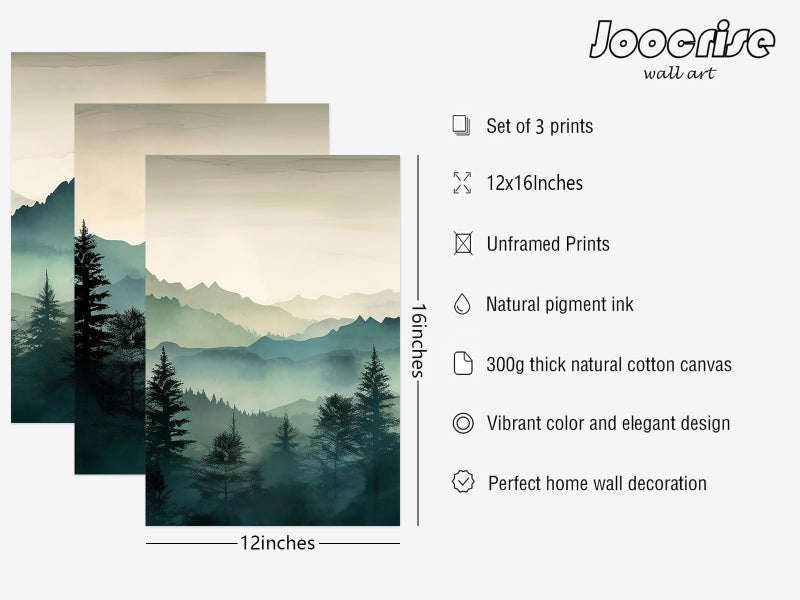 Joocrise Mountain Wall Art Decor Set of 3 Sage Green Forest Canvas Wall Art Prints Nature Landscape Wall Decor Watercolor Pine Tree Pictures Abstract Modern Painting for Living Room Bedroom 12x16 Inch Unframed - Image 2