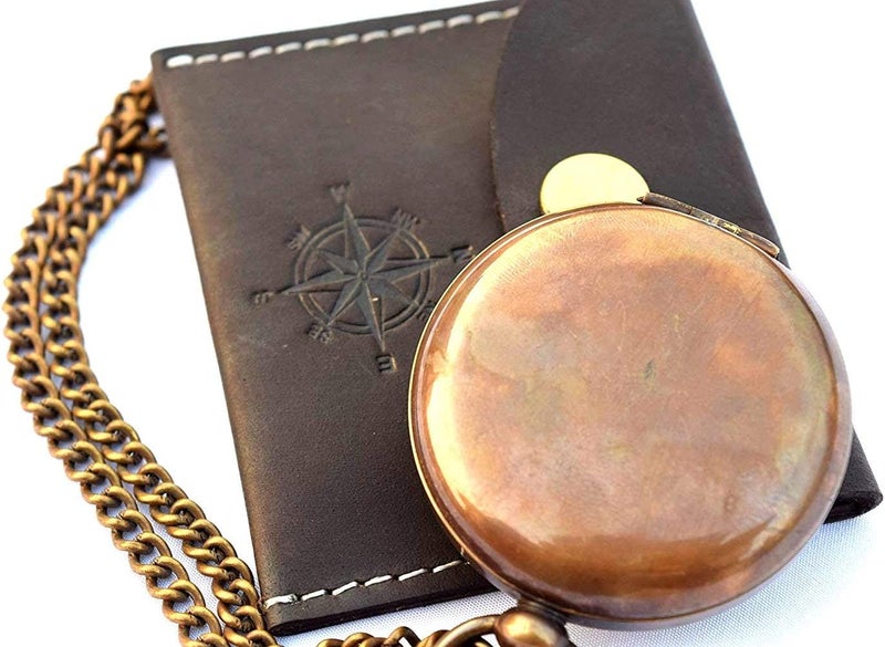 THOR INSTRUMENTS Handmade Nautical Brass Push Open Compass On Chain with Leather Case, Pocket Compass, Gift Compass Rustic Vintage Home Decor Gifts - Image 4
