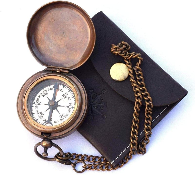 THOR INSTRUMENTS Handmade Nautical Brass Push Open Compass On Chain with Leather Case, Pocket Compass, Gift Compass Rustic Vintage Home Decor Gifts - Image 1