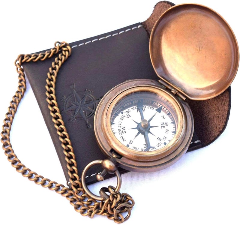THOR INSTRUMENTS Handmade Nautical Brass Push Open Compass On Chain with Leather Case, Pocket Compass, Gift Compass Rustic Vintage Home Decor Gifts - Image 3