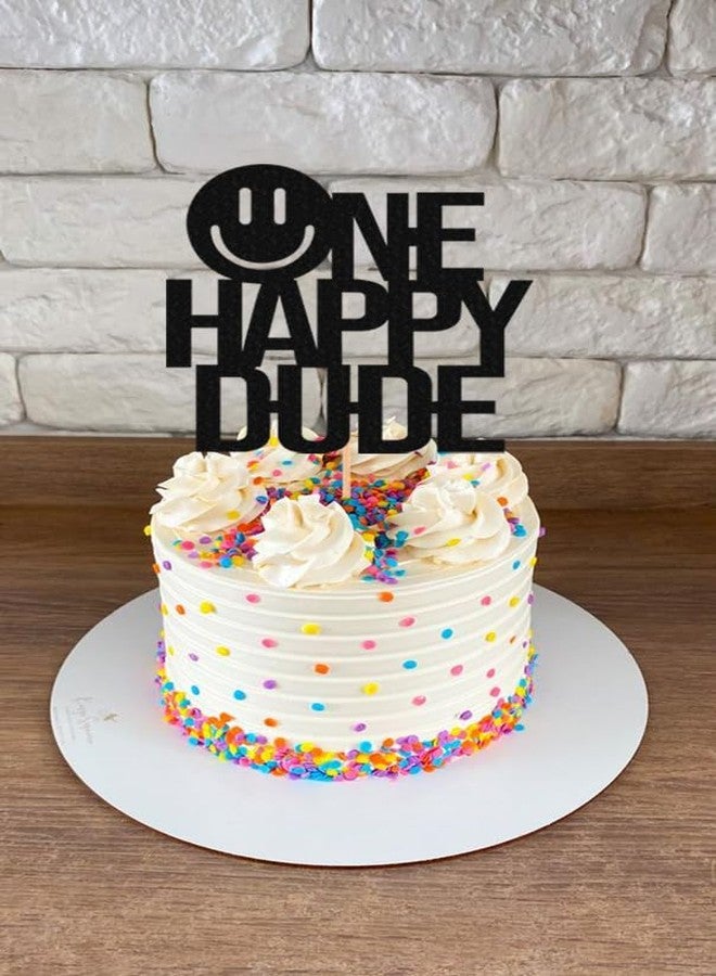 AHAORAY One Happy Dude Cake Topper - Glitter Black Smiley Face 1st Birthday Cake Decorations, Cool Dude First Birthday Cake Photo Booth Props - Image 2