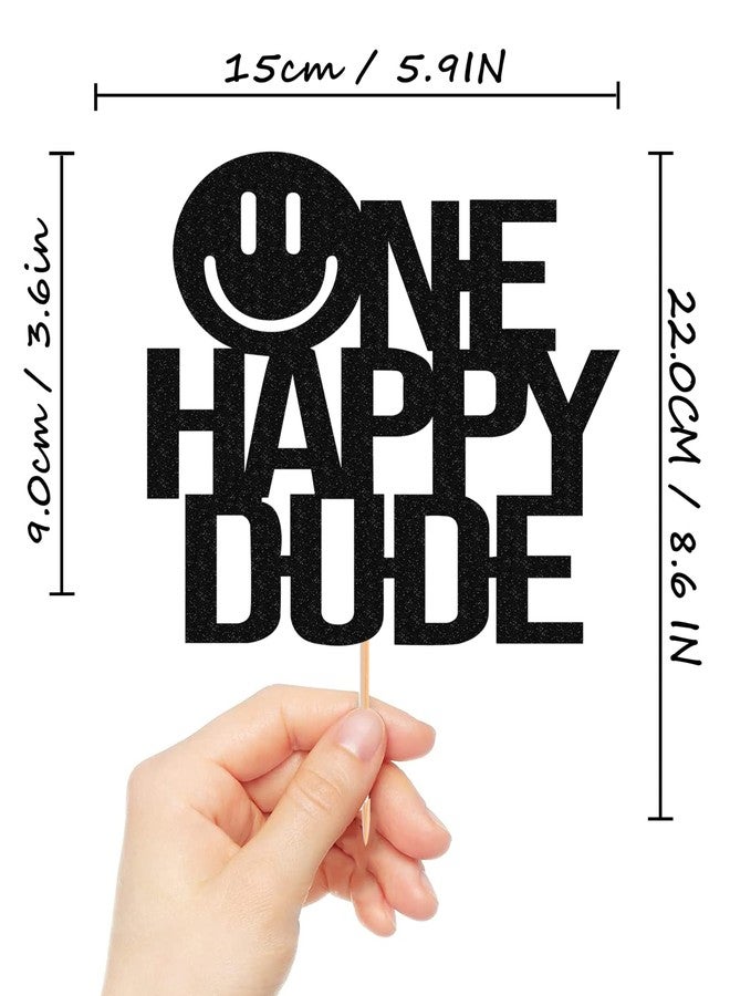 AHAORAY One Happy Dude Cake Topper - Glitter Black Smiley Face 1st Birthday Cake Decorations, Cool Dude First Birthday Cake Photo Booth Props - Image 3