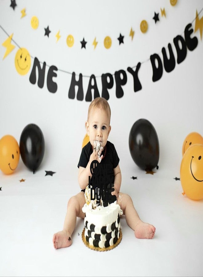 AHAORAY One Happy Dude Cake Topper - Glitter Black Smiley Face 1st Birthday Cake Decorations, Cool Dude First Birthday Cake Photo Booth Props - Image 5