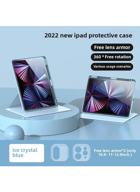 Suitable For Apple IPad Tablet Protective Cover 2024 Rotating Air6 Hard Shell Anti-drop Air Protective Shell Pro5 Generation 11-Colour:360 Rotating Acrylic [white Ice Blue] + Tempered Film-Applicable Model:Ipad10th Generation (10.9inch)
