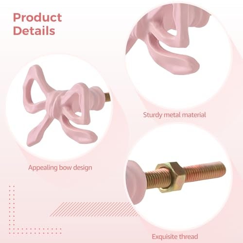 Homaisson 6 Pcs Pink Bow Dresser Knobs Pulls, Vintage Metal Cabinet Handles Drawer Hardware with Screws for Kitchen Cupboard Furniture Chest Door up to 2.2” Thick - Image 3