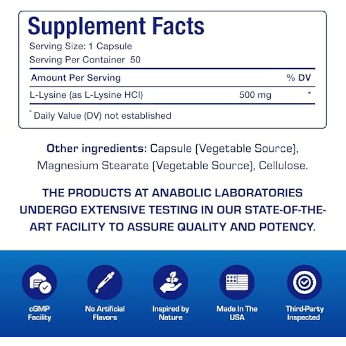 Anabolic Laboratories L Lysine 500 mg Capsules for Adults - Clinical Formula L-lysine Supplement for Gut Skin and Lip Health Plus Immune Support - Vegetarian Non-GMO & Made in The USA in cGMP Facilities - 50 Servings - Image 4