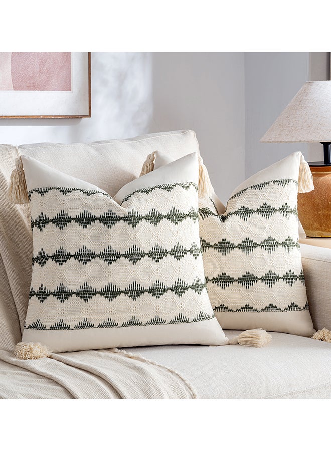 Fancy Homi مجموعة من 2 غطاء وسادة زخرفي عتيق للكنبة، السرير والأريكة، نمط ساحلي بوهيمي وريفى مع خيوط، تصميم جمالي وحديث - 45x45 سم - زيتوني - Image 1