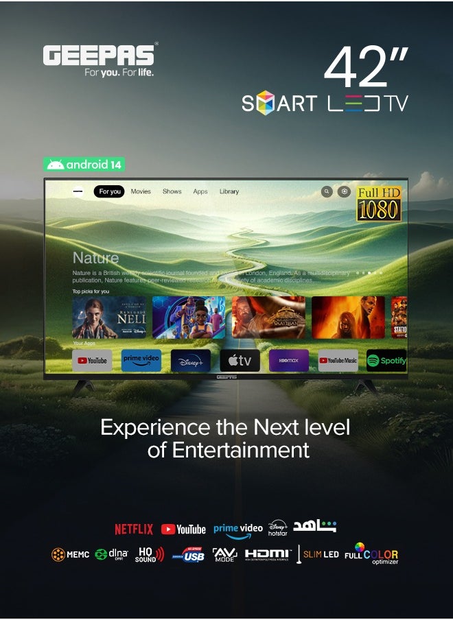 GEEPAS - 42" Smart LED TV- GLED4207XFHD/ Android 13 Powered, Full HD 1080, Advanced HQ Sound/ with Remote Control, HDMI and USB Ports, AV Mode/ Frameless Design - Image 1
